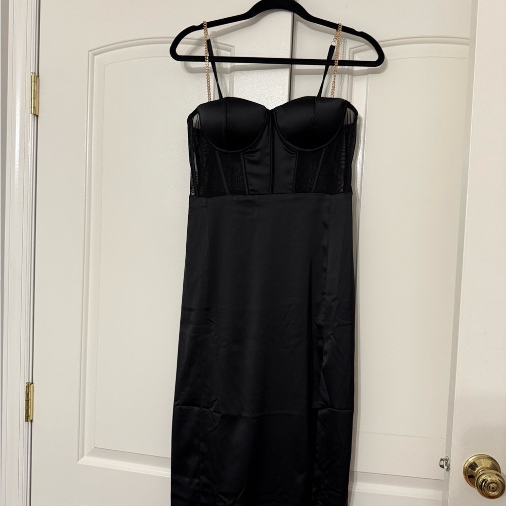 Talisa Chain Strap Side Split Corset Midi Dress - Black